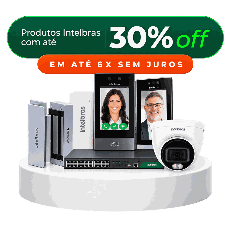 Produtos Intelbras em oferta: controle de acesso facial, fechadura eletroima, switch e camera IP. Ate 30% off em ate 6x sem juros.